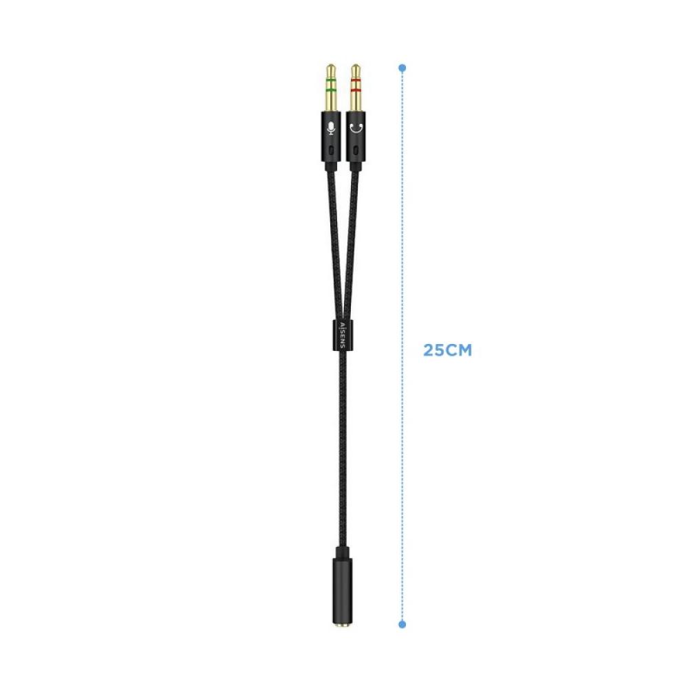 AISENS - Cable Adaptador Audio Jack 3.5 4pines/H-2xjack 3.5 3pines/M, Negro, 25cm