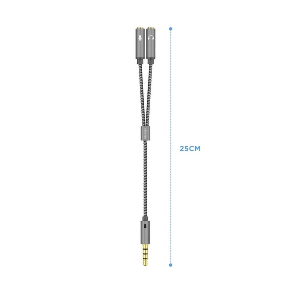 AISENS - Cable Adaptador Audio Jack 3.5 4pines/M-2xjack 3.5 3pines/H, Gris, 25cm