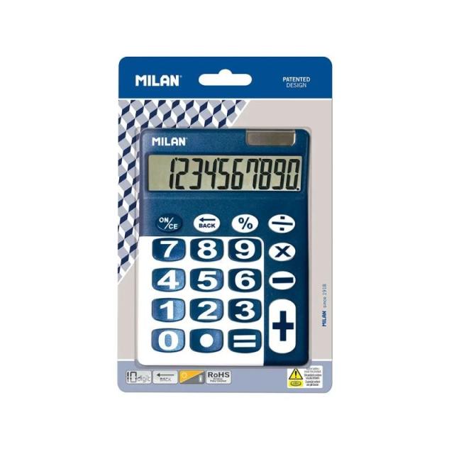 Milan - Blíster calculadora azul y blanco 10 dígitos con teclas grandes