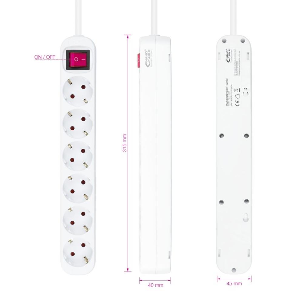 Nanocable - Regleta de enchufes de 6 tomas con interruptor, 1.4 metros Blanca