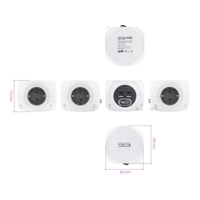 Nanocable - Base de 3 enchufes con 4 USB''s (2 USB A + 2 USB-C), con interruptor