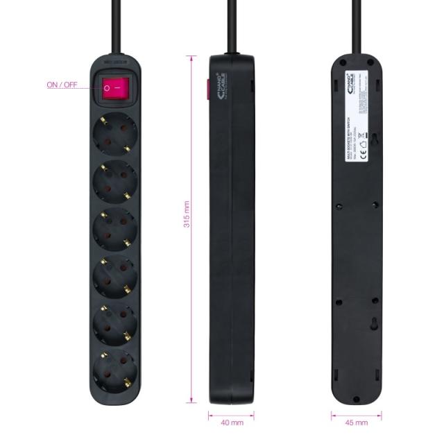 Nanocable - Regleta de enchufes de 6 tomas con interruptor, 1.4 metros Negra