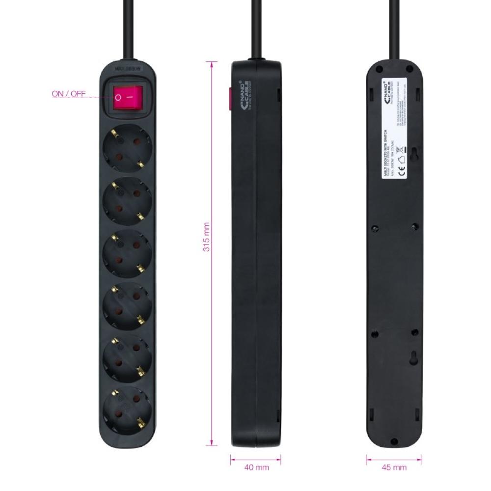 Nanocable - Regleta de enchufes de 6 tomas con interruptor, 1.4 metros Negra