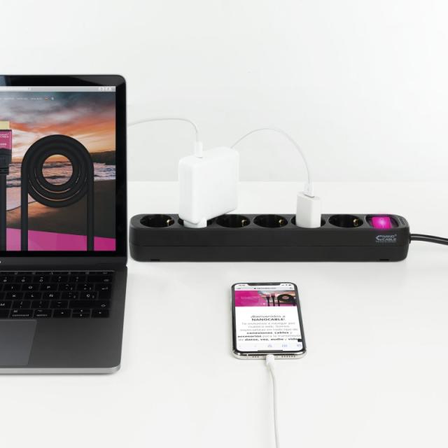 Nanocable - Regleta de enchufes de 6 tomas con interruptor, 1.4 metros Negra