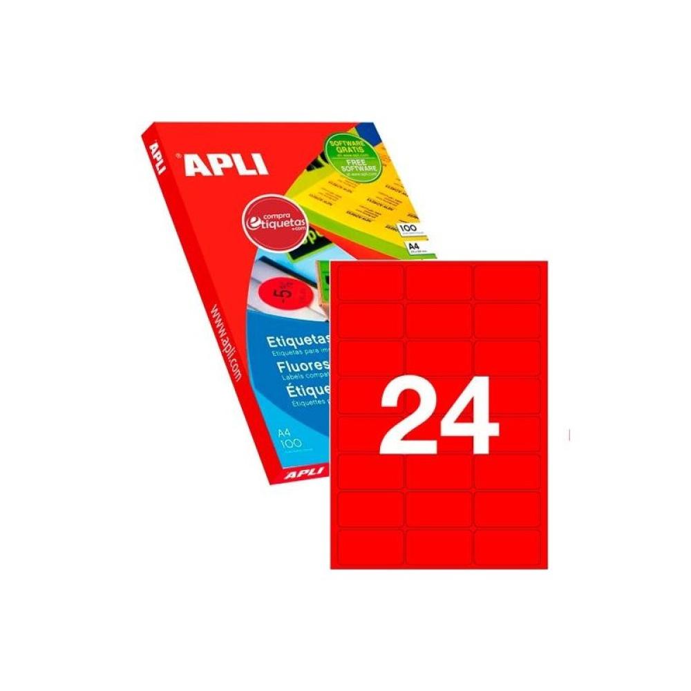 APLI - APLI ETIQUETAS DE ADHESIVO PERMANENTE 64X33,9 MM CANTOS ROMOS ROJO FLUORESCENTE -100 HOJAS-
