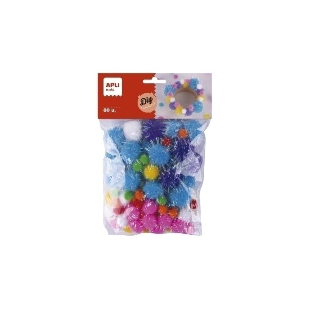 APLI - APLI POMPONES GLITTER BOLSA DE 80 C/SURTIDOS +4 AÑOS - Color no elegible