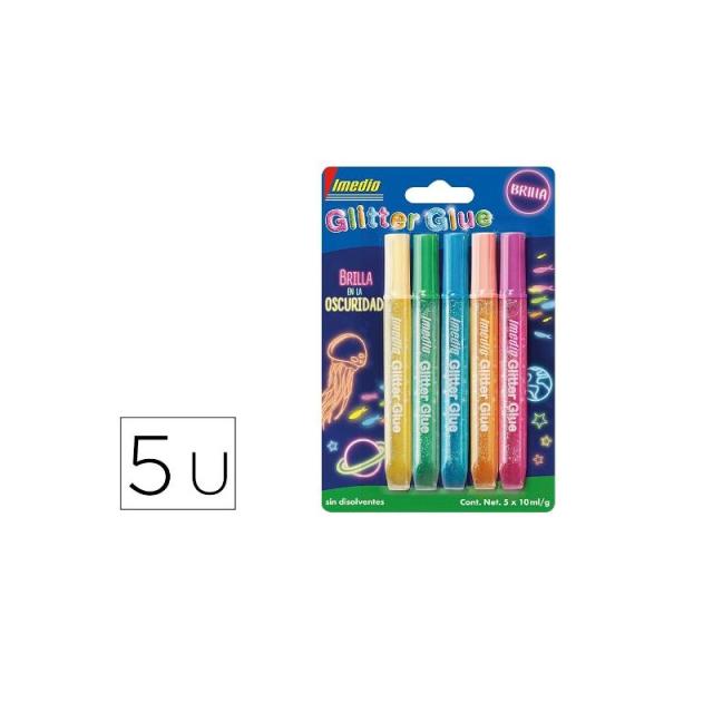 Imedio - IMEDIO ADHESIVO GLITTER GLUE BRILLA EN LA OSCURIDAD TUBO 10ML BLÍSTER 5 C/SURTIDOS - Color no elegible