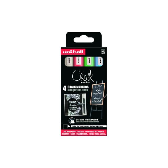 Uni-Ball - BLISTER 4 ROTULADORES EFECTO TIZA MODELO PWE 5M COLORES BÁSICOS BLANCO, ROJO, VERDE Y AZUL UNIBALL 302422086