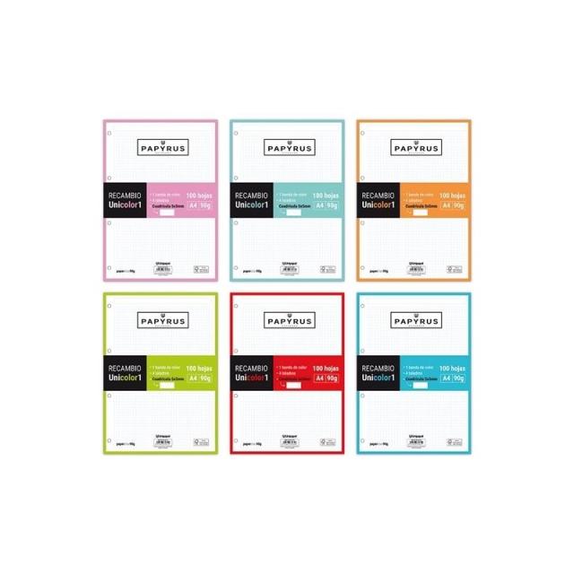 Papyrus - PAPYRUS RECAMBIO UNICLASIC 4 TALADROS A4 90GR 100H CUADRÍCULA 5MM C/M 1 BANDA MINT 53392226 Pack 24