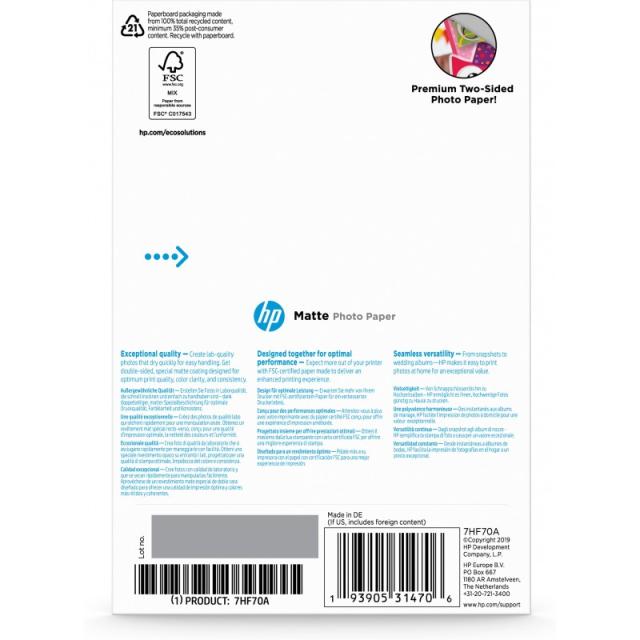 HP - Papel fotográfico Matte, 180 g/m2, 10 x 15 cm (101 x 152 mm), 25 hojas