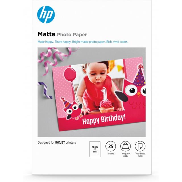 HP - Papel fotográfico Matte, 180 g/m2, 10 x 15 cm (101 x 152 mm), 25 hojas