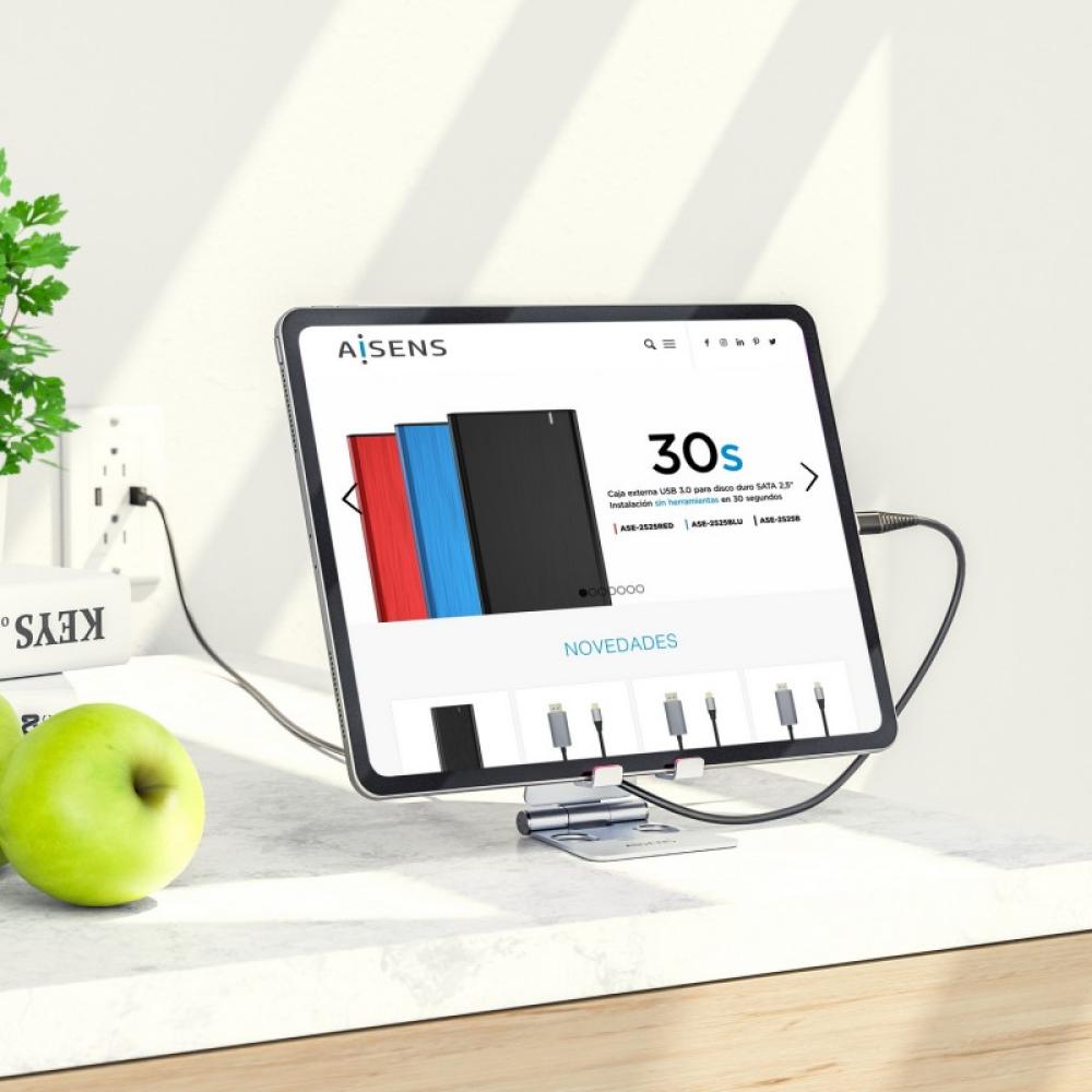 AISENS - Soporte De Sobremesa Tamaño M Ajustable (2 Pivotes) Para Movil / Tablet, Plata