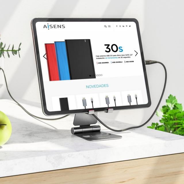 AISENS - Soporte De Sobremesa Tamaño XL Ajustable (2 Pivotes) Para Movil / Tablet, Gris