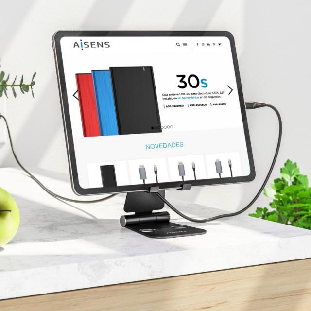 AISENS - Soporte De Sobremesa Tamaño XL Ajustable (2 Pivotes) Para Movil / Tablet, Negro