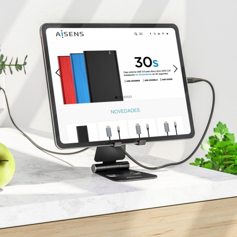 AISENS - Soporte De Sobremesa Tamaño XL Ajustable (2 Pivotes) Para Movil / Tablet, Negro