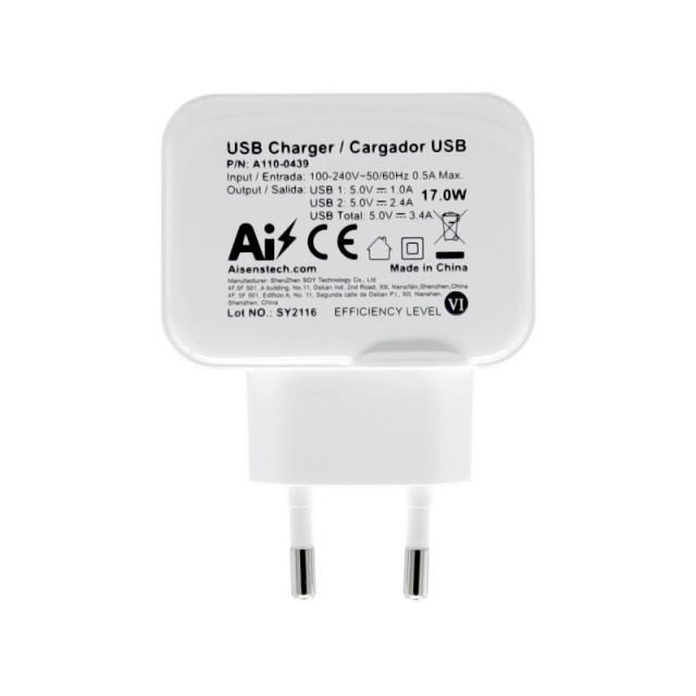 AISENS - Cargador USB 17W 5V/3.4A, 2xUSB Con Control AI, Blanco