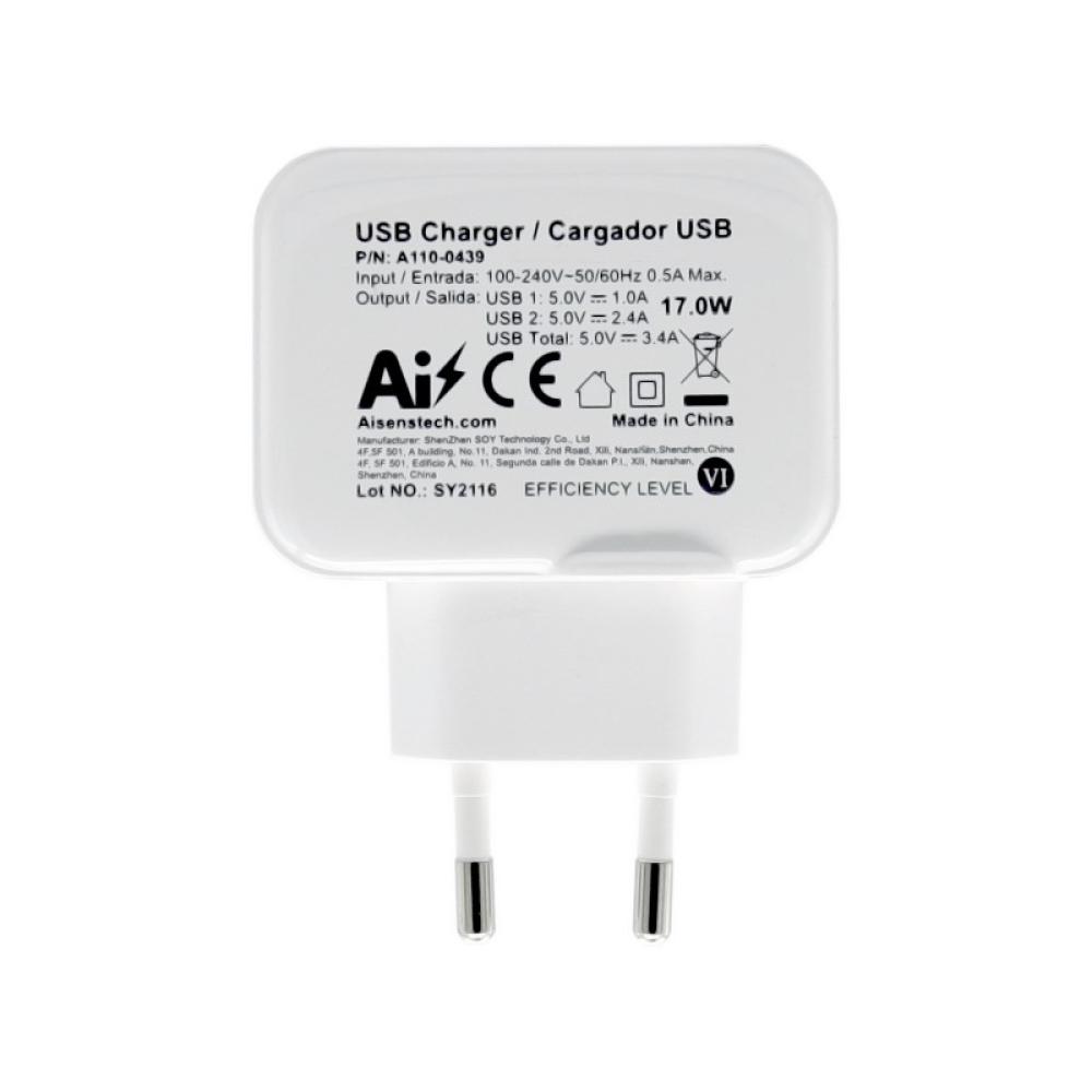 AISENS - Cargador USB 17W 5V/3.4A, 2xUSB Con Control AI, Blanco