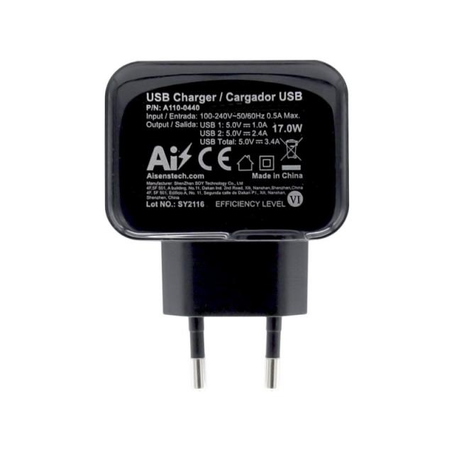 AISENS - Cargador USB 17W 5V/3.4A, 2xUSB Con Control AI, Negro