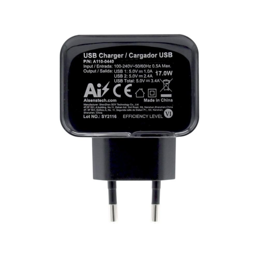 AISENS - Cargador USB 17W 5V/3.4A, 2xUSB Con Control AI, Negro