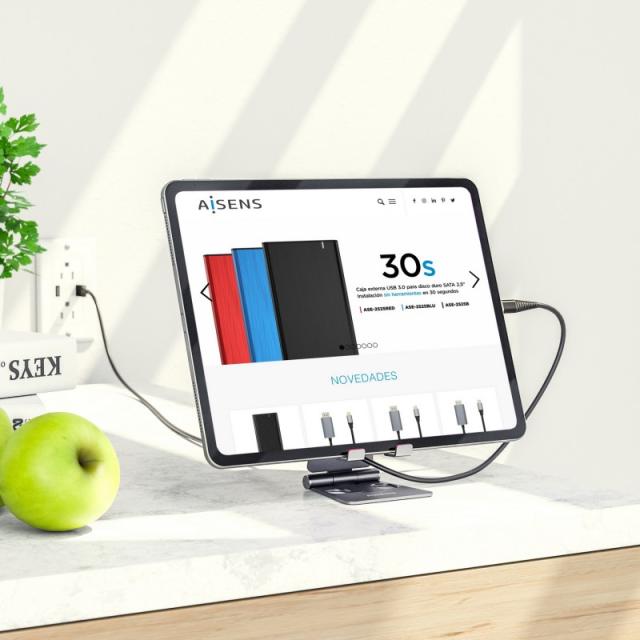 AISENS - Soporte De Sobremesa Tamaño M Ajustable (2 Pivotes) Para Movil / Tablet, Gris