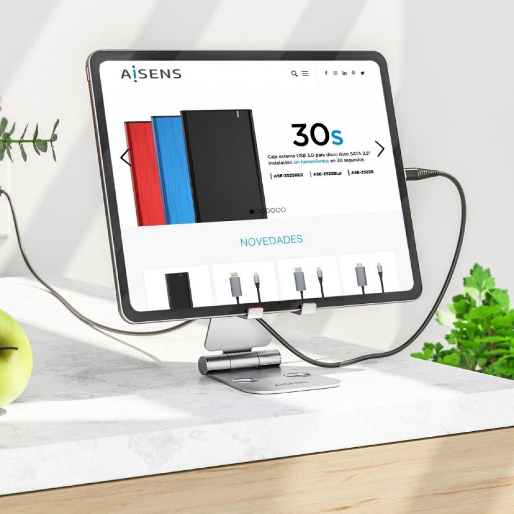 AISENS - Soporte De Sobremesa Tamaño XL Ajustable (2 Pivotes) Para Movil / Tablet, Plata