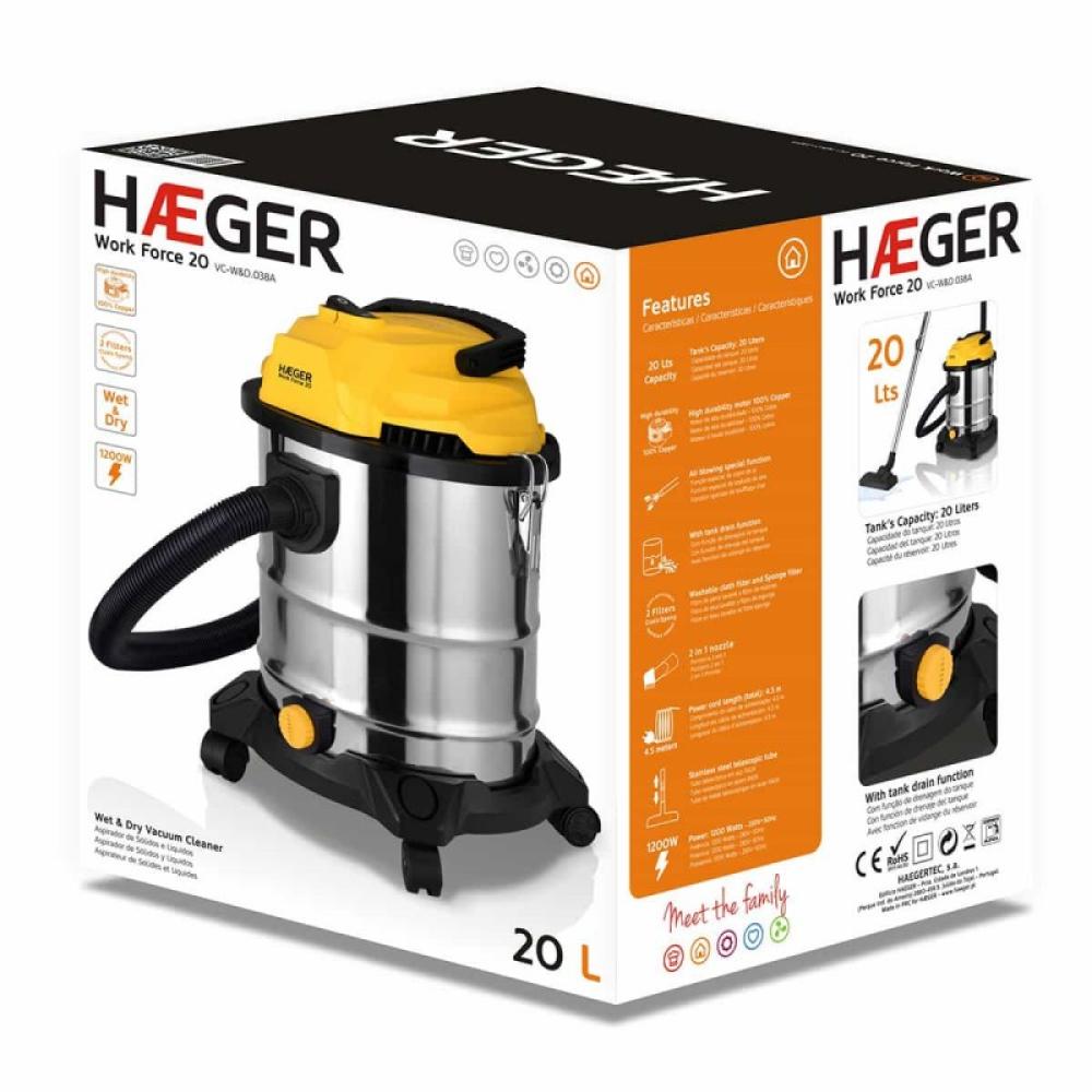 Haeger - VC-W&D.038A aspiradora 20 L Aspiradora de tambor Seca y húmeda 1200 W