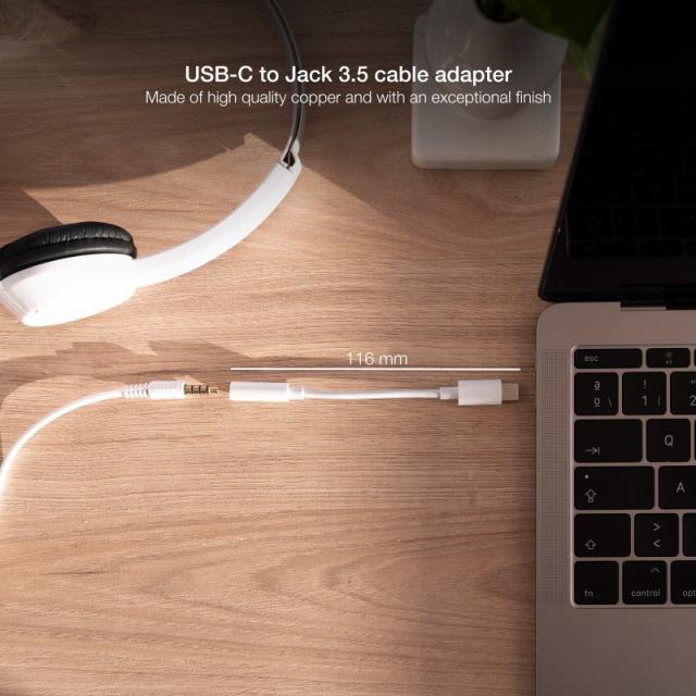 Nanocable - Cable Adaptador Audio USB-C/M a Jack 3.5/H, 11 cm, Blanco