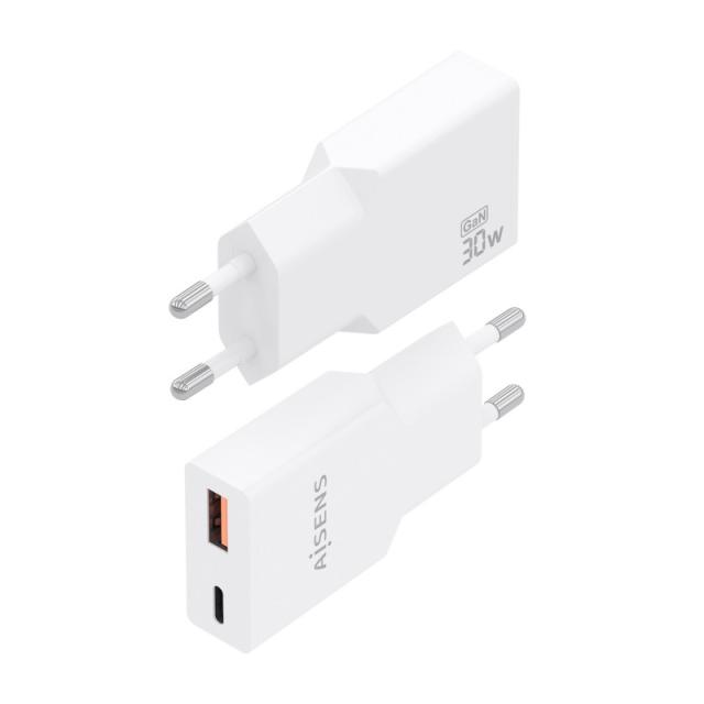 AISENS - Cargador Ultra Delgado GaN 30W, 1xUSB-C PD3.0 QC4.0, 1xUSB-A QC3.0, Blanco