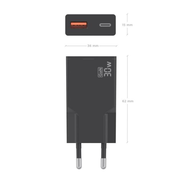 AISENS - Cargador Ultra Delgado GaN 30W, 1xUSB-C PD3.0 QC4.0, 1xUSB-A QC3.0, Negro