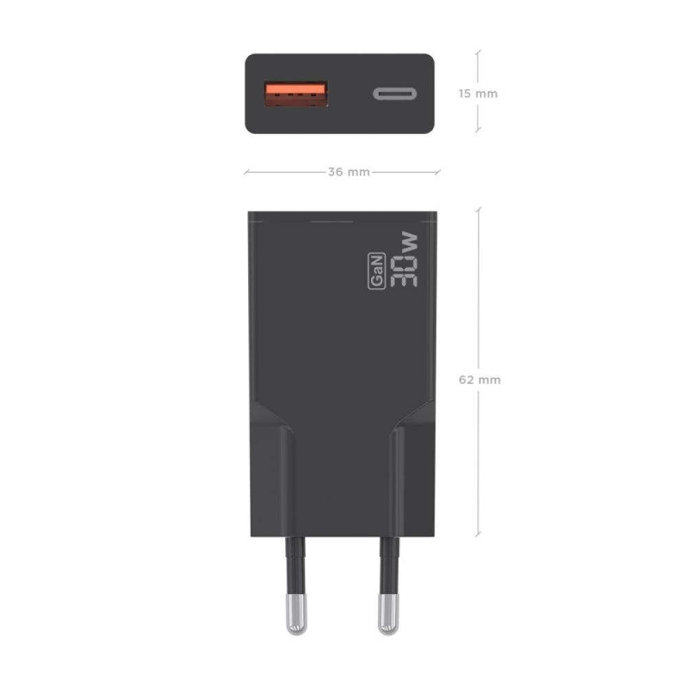 AISENS - Cargador Ultra Delgado GaN 30W, 1xUSB-C PD3.0 QC4.0, 1xUSB-A QC3.0, Negro