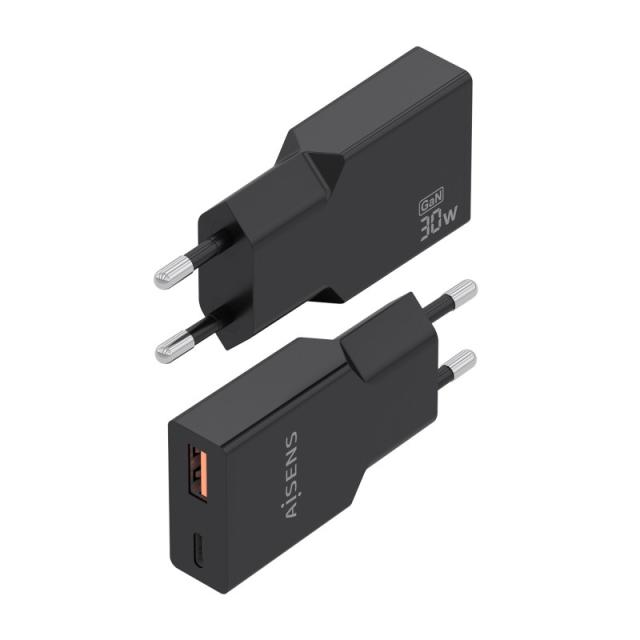 AISENS - Cargador Ultra Delgado GaN 30W, 1xUSB-C PD3.0 QC4.0, 1xUSB-A QC3.0, Negro