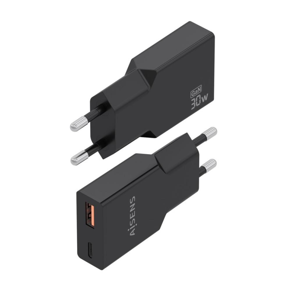 AISENS - Cargador Ultra Delgado GaN 30W, 1xUSB-C PD3.0 QC4.0, 1xUSB-A QC3.0, Negro
