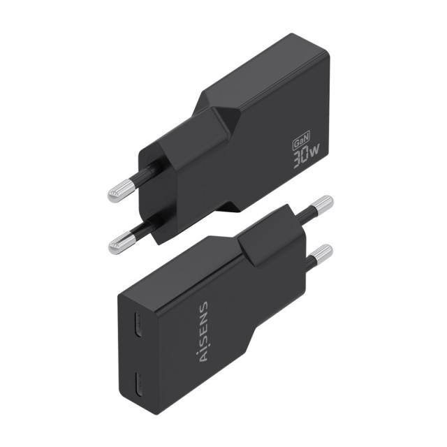 AISENS - Cargador Ultra Delgado GaN 30W, 2xUSB-C PD3.0, Negro