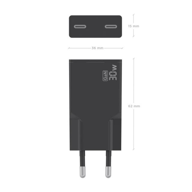 AISENS - Cargador Ultra Delgado GaN 30W, 2xUSB-C PD3.0, Negro
