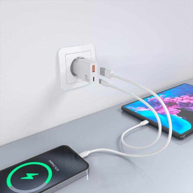AISENS - Cargador Ultra Delgado GaN 25W, 1xUSB-C PD3.0 QC4.0, 1xUSB-A QC3.0, Blanco