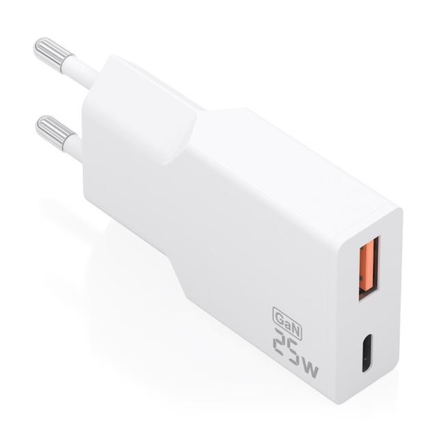 AISENS - Cargador Ultra Delgado GaN 25W, 1xUSB-C PD3.0 QC4.0, 1xUSB-A QC3.0, Blanco