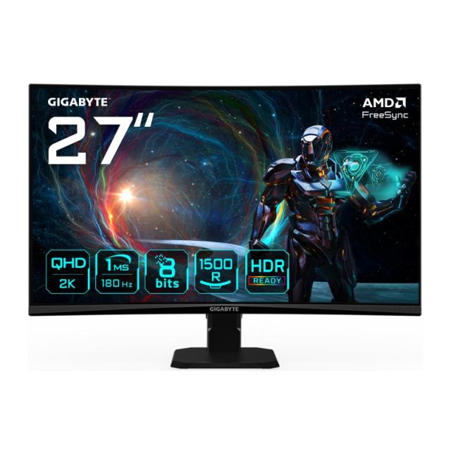 GIGABYTE - GS27QCA 27" Monitor Curvo para Gaming QHD - 2560 x 1440, 180Hz, 1ms, 250 cd/m², FreeSync, HDR Ready, HDMI 2.0, Displa