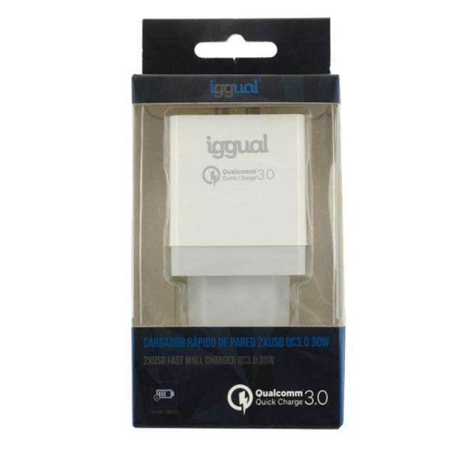 iggual - Cargador doble 2xUSB carga rápida QC3.0 30W