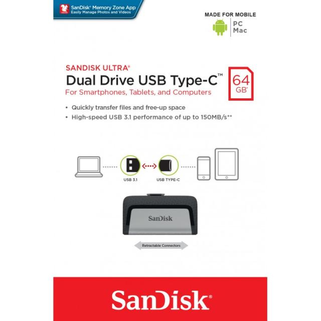 SanDisk - 173338 unidad flash USB 64 GB USB Type-A / USB Type-C Negro, Plata