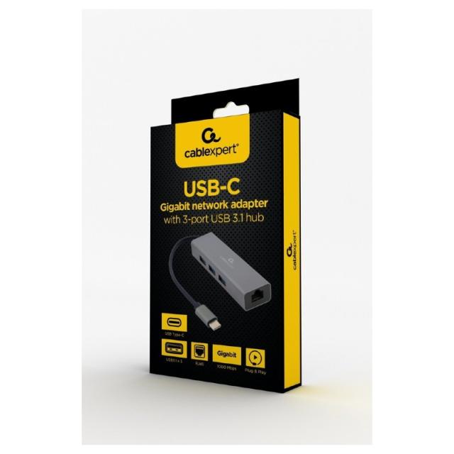 Gembird - A-CMU3-LAN-01 base para portátil y replicador de puertos USB 3.2 Gen 1 (3.1 Gen 1) Type-C Gris