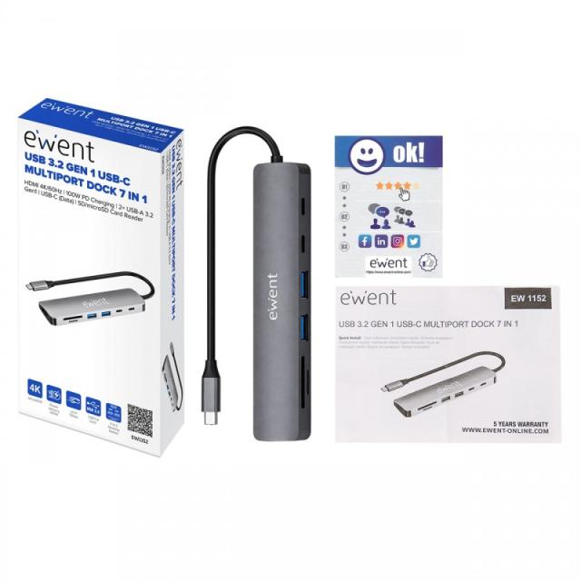 Ewent - EW1152 base para portátil y replicador de puertos Alámbrico USB 3.2 Gen 1 (3.1 Gen 1) Type-C Gris