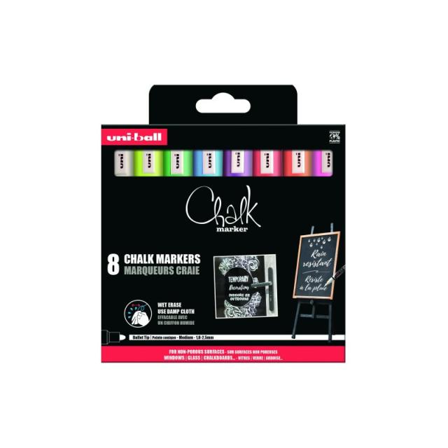 Uni-Ball - BLISTER 8 ROTULADORES EFECTO TIZA MODELO PWE 5M COLORES BLANCO, AMARILLO, VERDE, AZUL, ROSA, NARANJA, ROJO Y VIOLETA