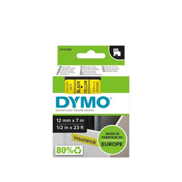 DYMO - D1 - Etiquetas estándar - Negro sobre amarillo - 12mm x 7m