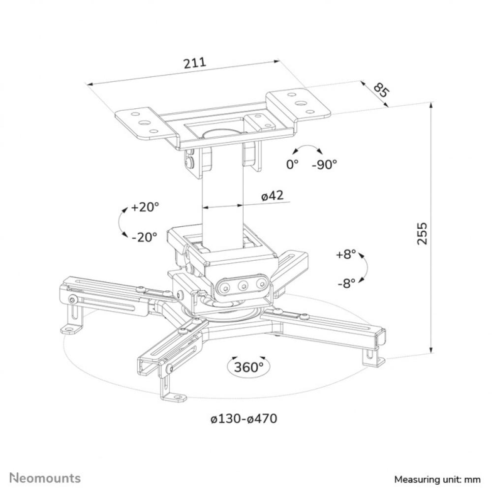 Neomounts - CL25-530WH1 Soporte de techo para proyector - alt. 25,5 cm - fácil montaje - movimiento completo