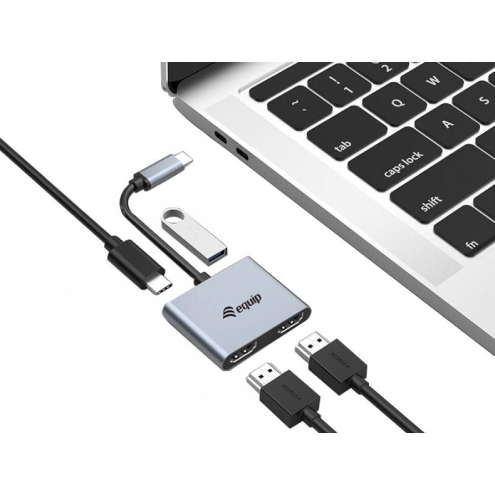 Equip - Adaptador USB-C 4 en 1 Dual HDMI, USB 3.0, 100W USB PD