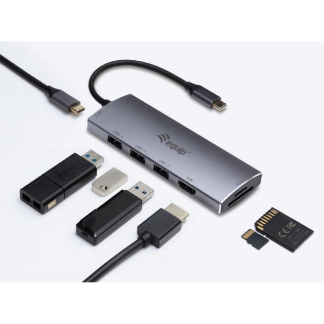 Equip - Adaptador multifunción USB-C 7 en 1, HDMI, USB 3.0, TF/MICRO SD, 60W USB PD