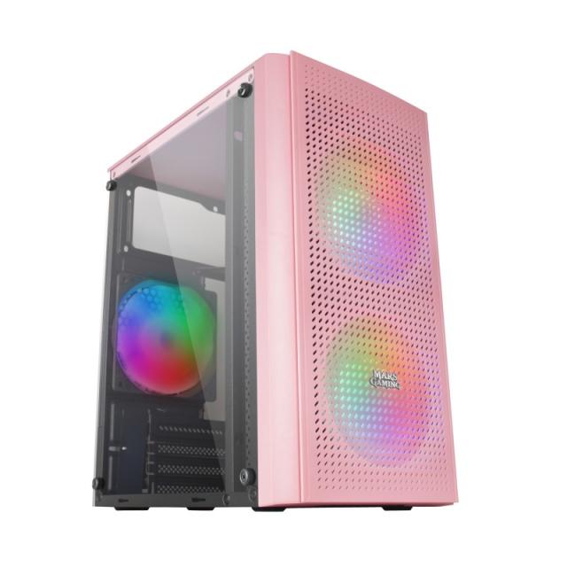 Mars Gaming - MC300P Rosa, Caja PC Micro ATX, Cristal Templado, Frontal MESH, 3xVentilador FRGB
