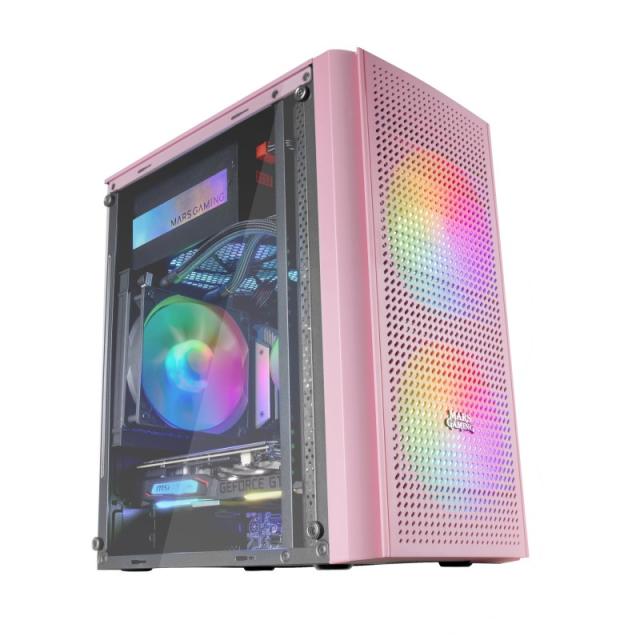 Mars Gaming - MC300P Rosa, Caja PC Micro ATX, Cristal Templado, Frontal MESH, 3xVentilador FRGB
