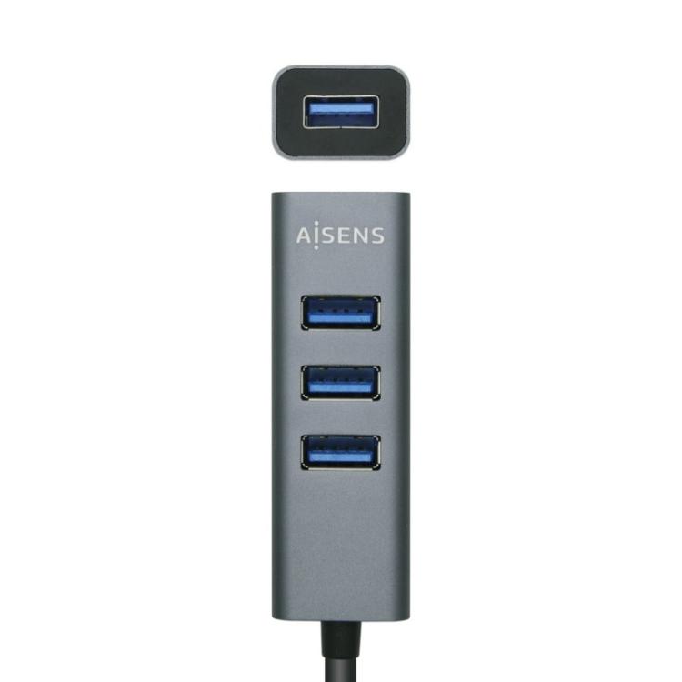 AISENS - Hub USB3.0 Aluminio, Tipo A/M - 4x Tipo A/H, Negro, 10 cm