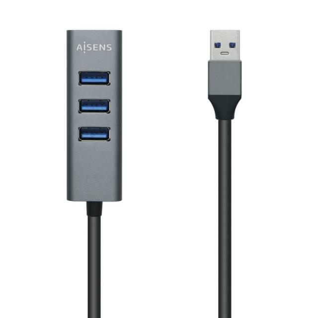 AISENS - Hub USB3.0 Aluminio, Tipo A/M - 4x Tipo A/H, Negro, 10 cm